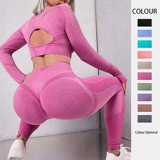 2 piezas Trajes deportivos Manga larga Diseño hueco Tops y levantamiento de glúteos Cintura alta Leggings de fitness sin costuras Deportes Gimnasio Ropa deportiva Trajes Ropa