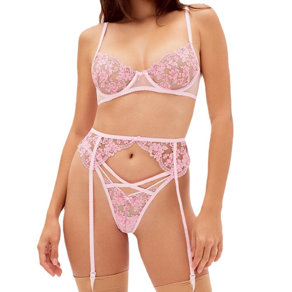 Sexy Underwear Set Heavy Craft Flower Embroidery Products And Steel Rings